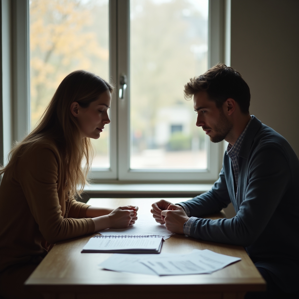 Two adults reviewing shared financial documents calmly at a table during a separation planning conversation