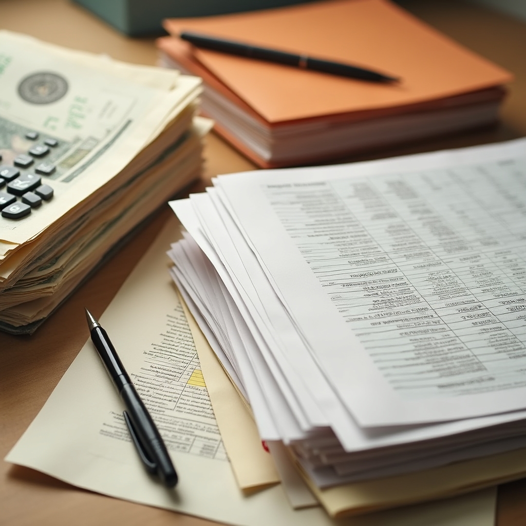 Financial documents and folders arranged neatly on a desk in an organized stack