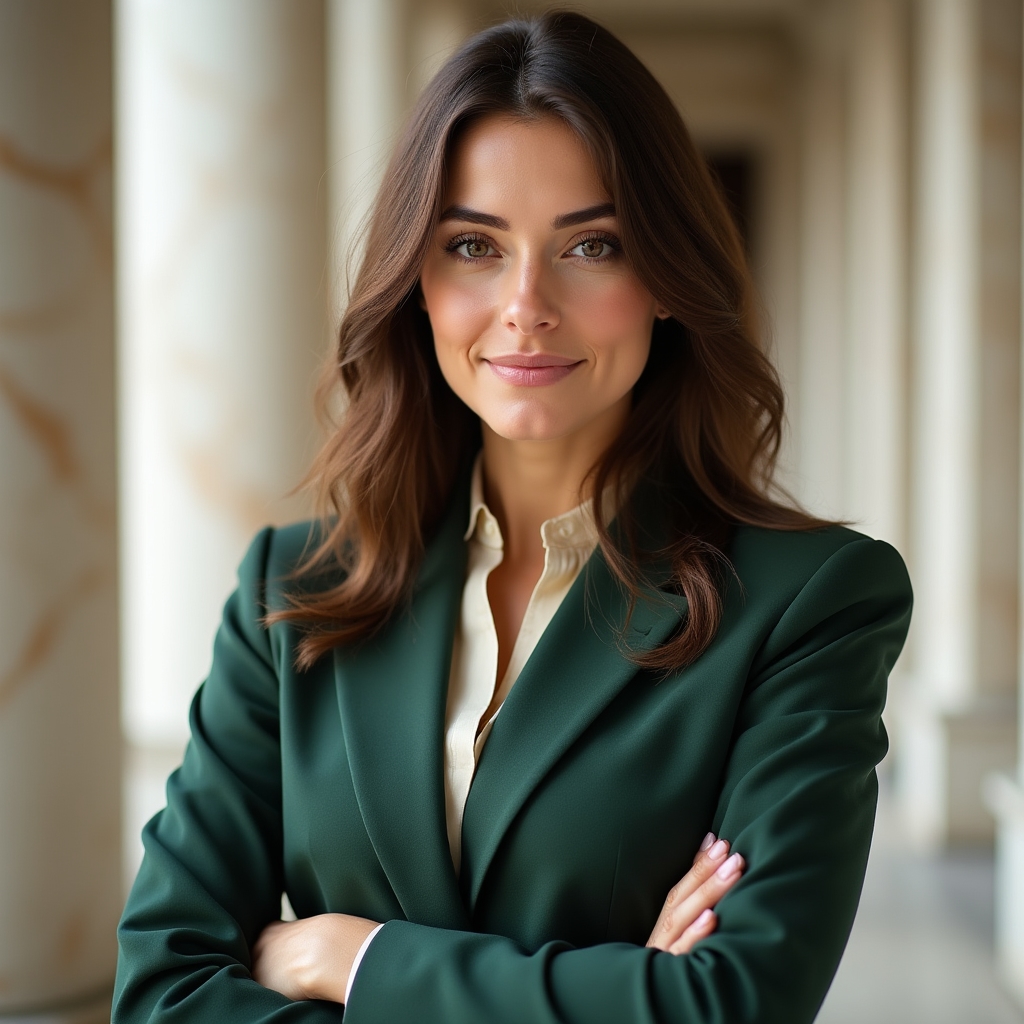 Portrait of a calm, confident female program facilitator in professional attire standing in a bright banking hall