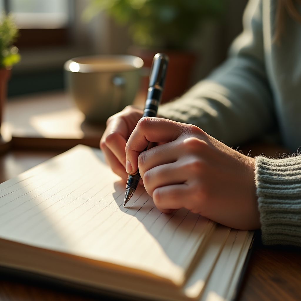 Close-up of a person writing personal budget figures into a journal by soft window light