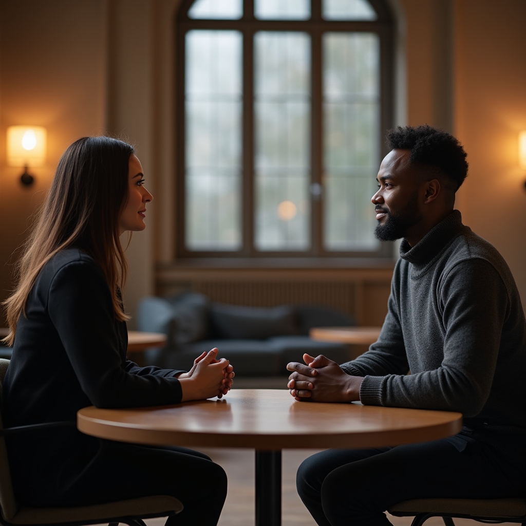 Facilitator listening attentively to a participant during a quiet one-on-one session in a banking hall setting