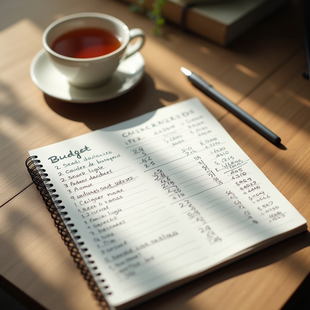Open notebook with handwritten budget notes and a pen resting on a wooden desk beside a cup of tea
