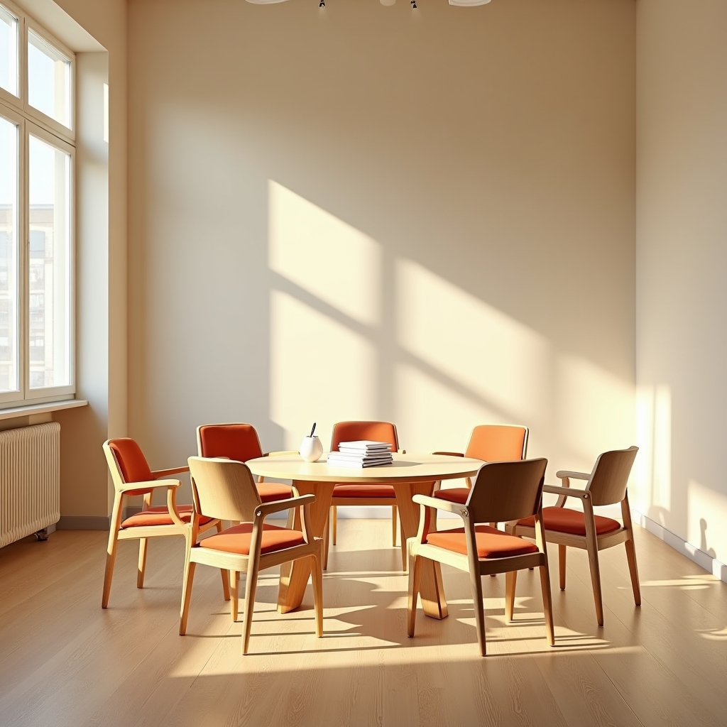 Empty small meeting room set up with chairs arranged in a circle for a group financial workshop, warm natural light through a window