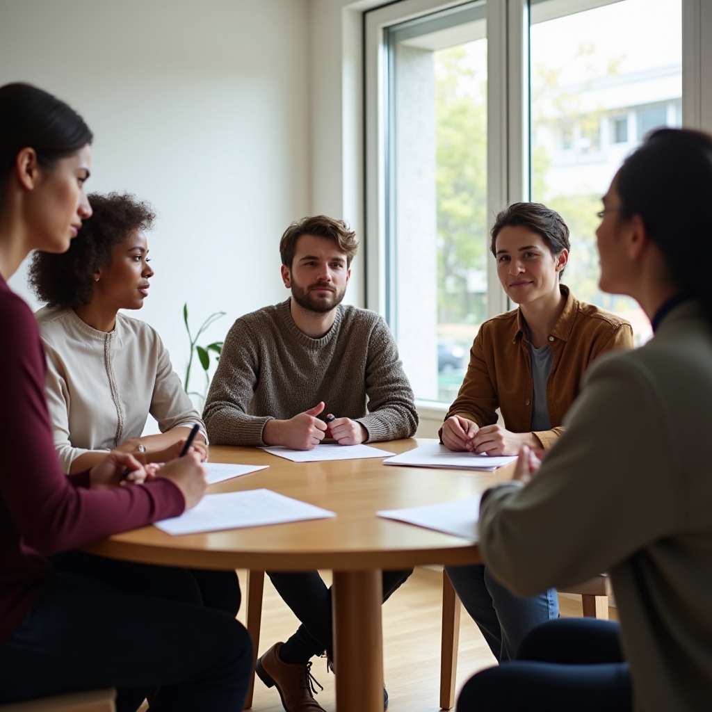 Small group of adults seated around a table during a quiet workshop discussion